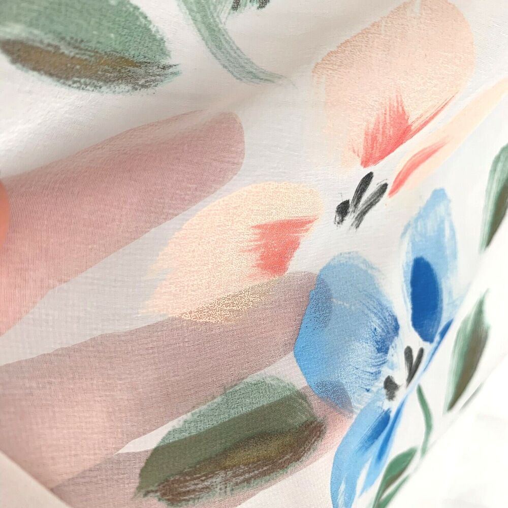 HAND PAINTED White Chiffon Square Scarf FLORAL Blue Pink Green Sheer Rolled Edge - Picture 3 of 3